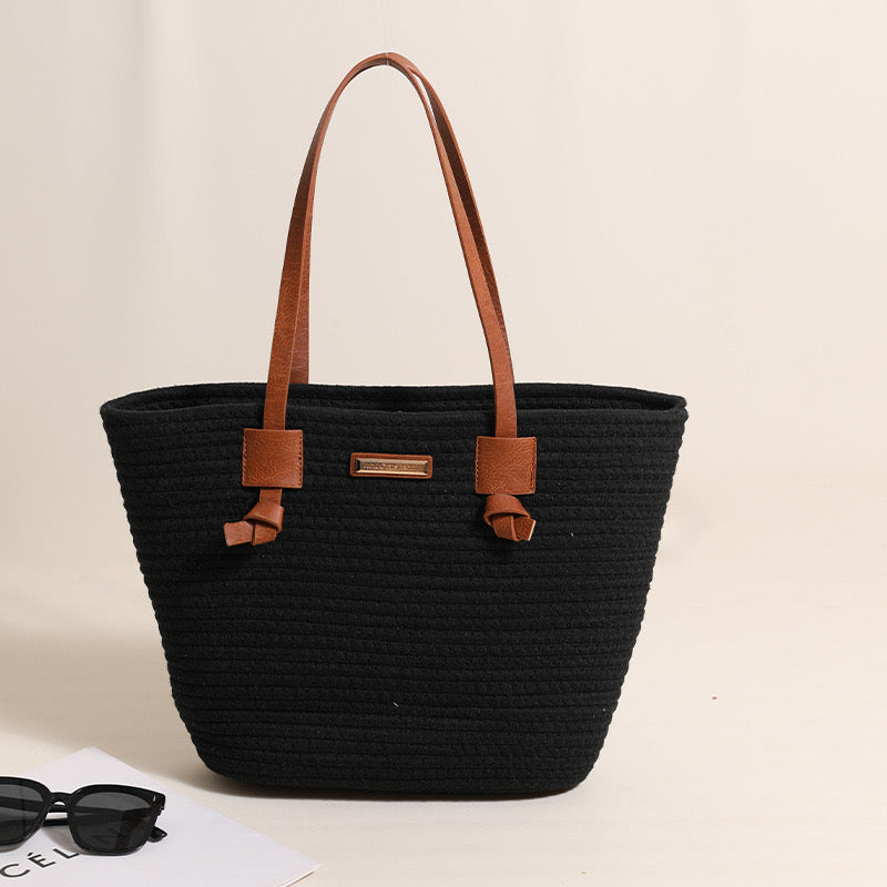 Cotton Shoulder Bag(Top: 39 cm/15.4 inch; Bottom: 27 cm/10.6 inch; Height: 27 cm/10.6 inch; Strap Height: 23 cm/9.1 inch)