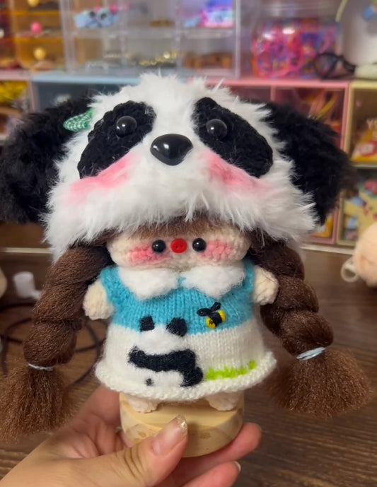 Crochet Magnetic Doll/Girl with Panda Hat/ Knitted Cloth/Random Embroidery Pattern/Random Hair Color(15 cm/6 inch)