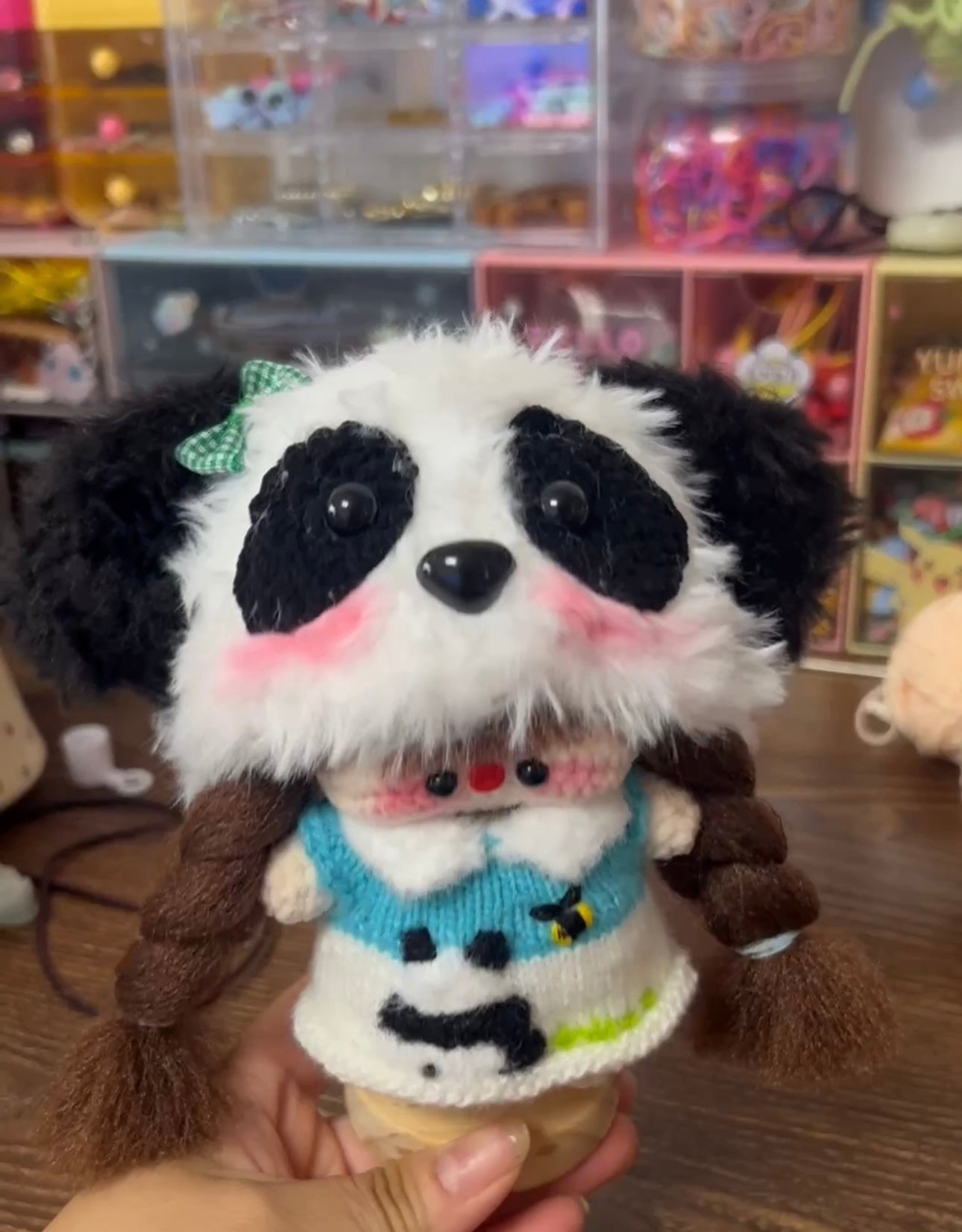 Crochet Magnetic Doll/Girl with Panda Hat/ Knitted Cloth/Random Embroidery Pattern/Random Hair Color(15 cm/6 inch)