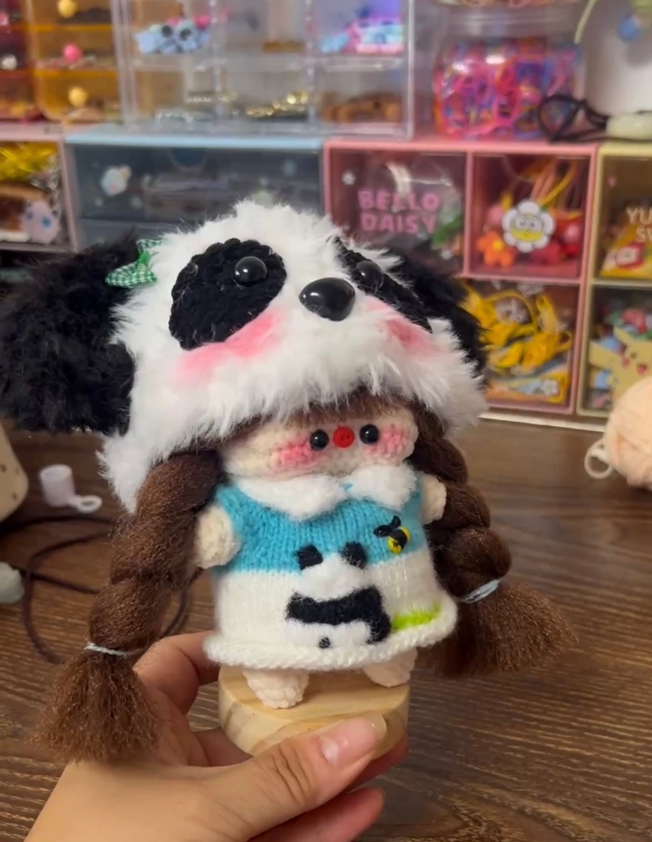 Crochet Magnetic Doll/Girl with Panda Hat/ Knitted Cloth/Random Embroidery Pattern/Random Hair Color(15 cm/6 inch)