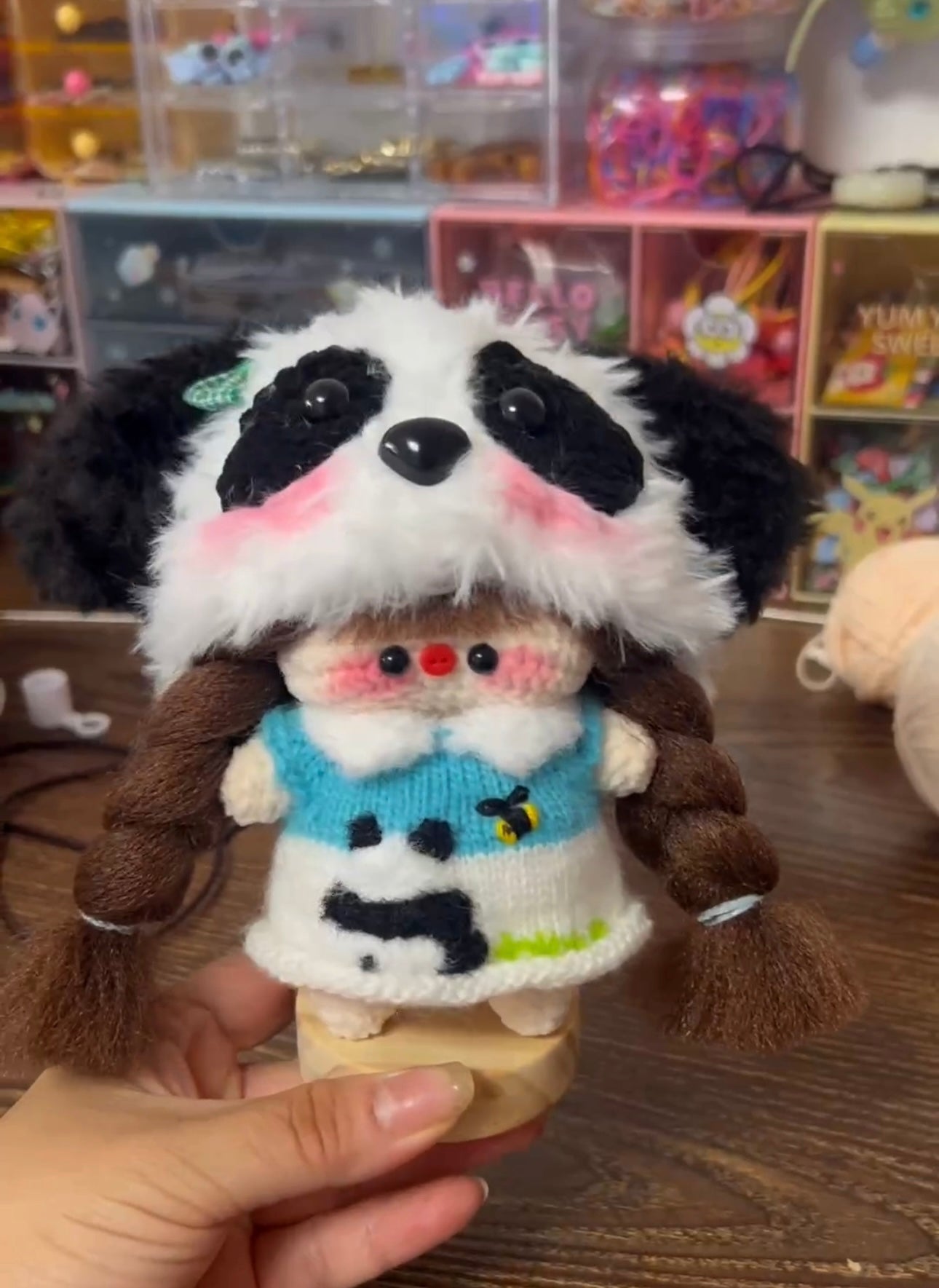 Crochet Magnetic Doll/Girl with Panda Hat/ Knitted Cloth/Random Embroidery Pattern/Random Hair Color(15 cm/6 inch)