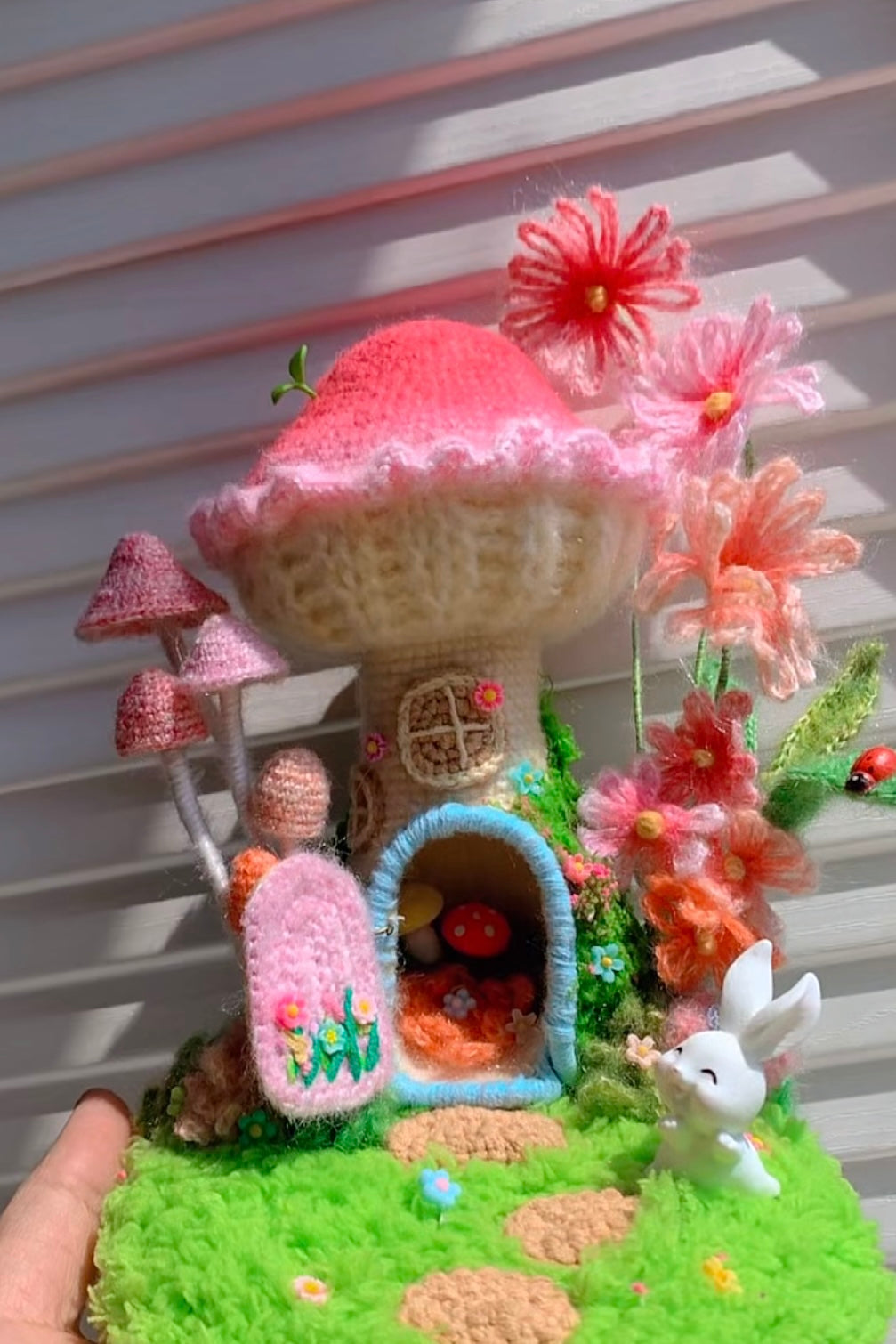 Crochet Mushroom House with Embroidery Flowers/Night Lamp