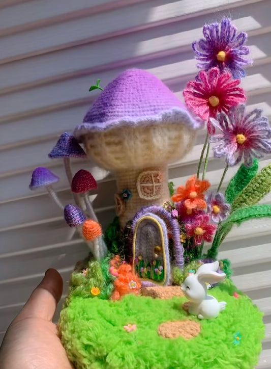 Crochet Mushroom House with Embroidery Flowers/Night Lamp
