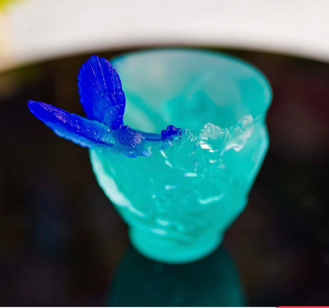 LIULI/Crystal Cup- Humming Bird and Iris Flower Pattern/Blue