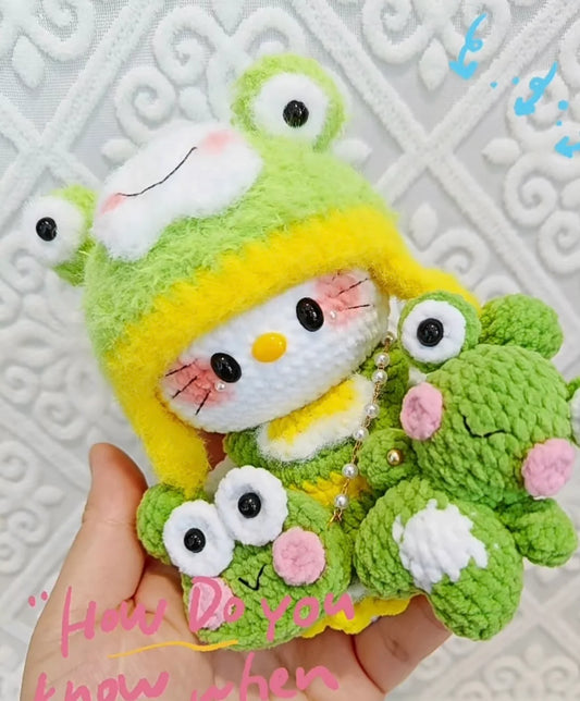 Crochet  Hello Kitty with Frog Outfit +Frog Bag+Frog Toy