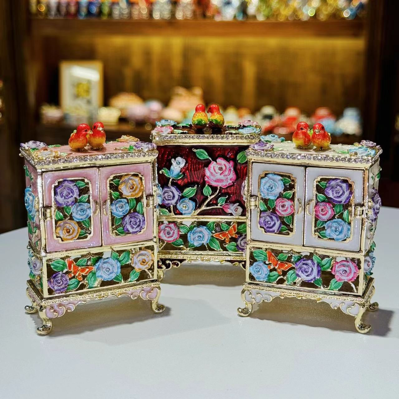 Hand Enameled Jewelry Box- Flower Waredrobe(6*3*8.5 cm/2.4*1.2*3.3 inch)- On Sale