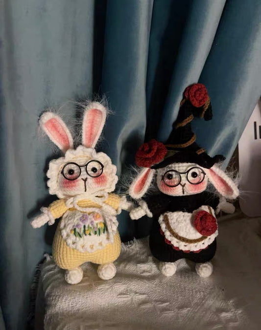 Crochet Bunny with Magic/Witch Hat/Flower Hat and Flower Apron