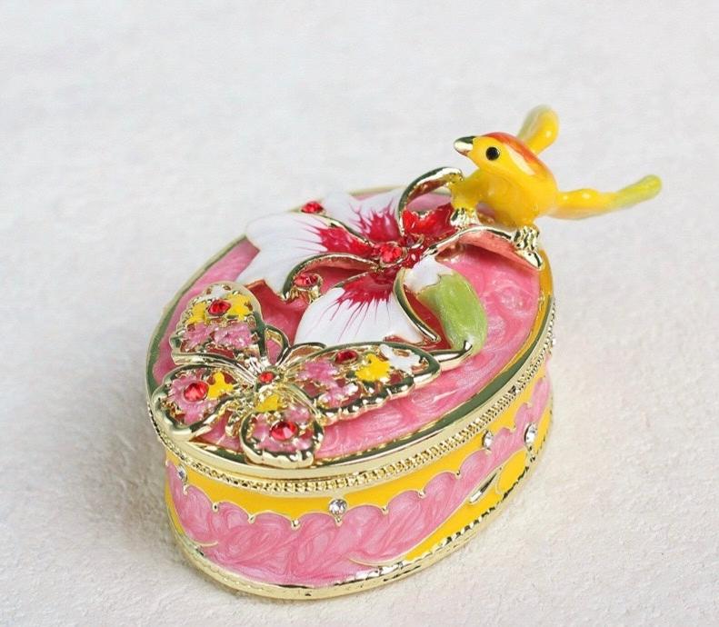 Hand Enameled Jewelry Box- Bird with Flower(3.5*7 cm/1.4*2.8 inch)