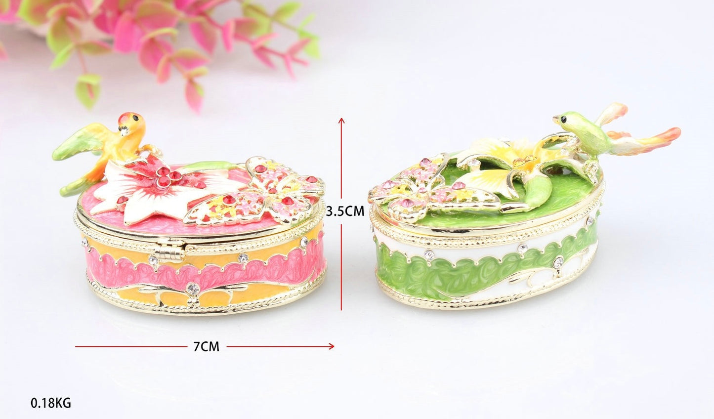 Hand Enameled Jewelry Box- Bird with Flower(3.5*7 cm/1.4*2.8 inch)