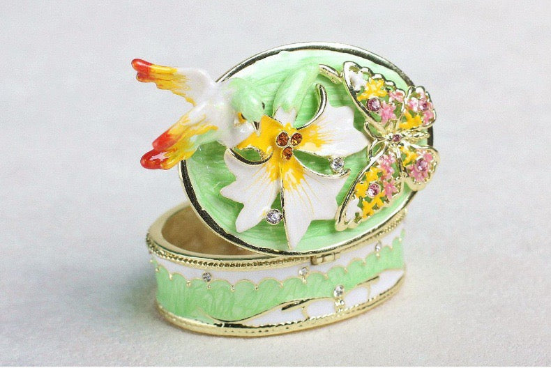 Hand Enameled Jewelry Box- Bird with Flower(3.5*7 cm/1.4*2.8 inch)