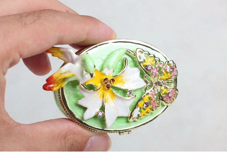 Hand Enameled Jewelry Box- Bird with Flower(3.5*7 cm/1.4*2.8 inch)