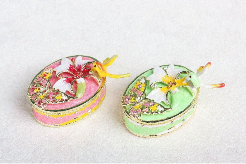 Hand Enameled Jewelry Box- Bird with Flower(3.5*7 cm/1.4*2.8 inch)