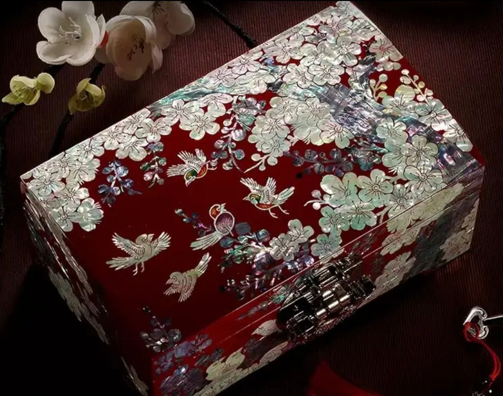 Mother of Pearl Wooden Jewelry Box- Birds and Flowers(18.2*11.2*8.6 cm/7.2*4.4*3.4 inch)