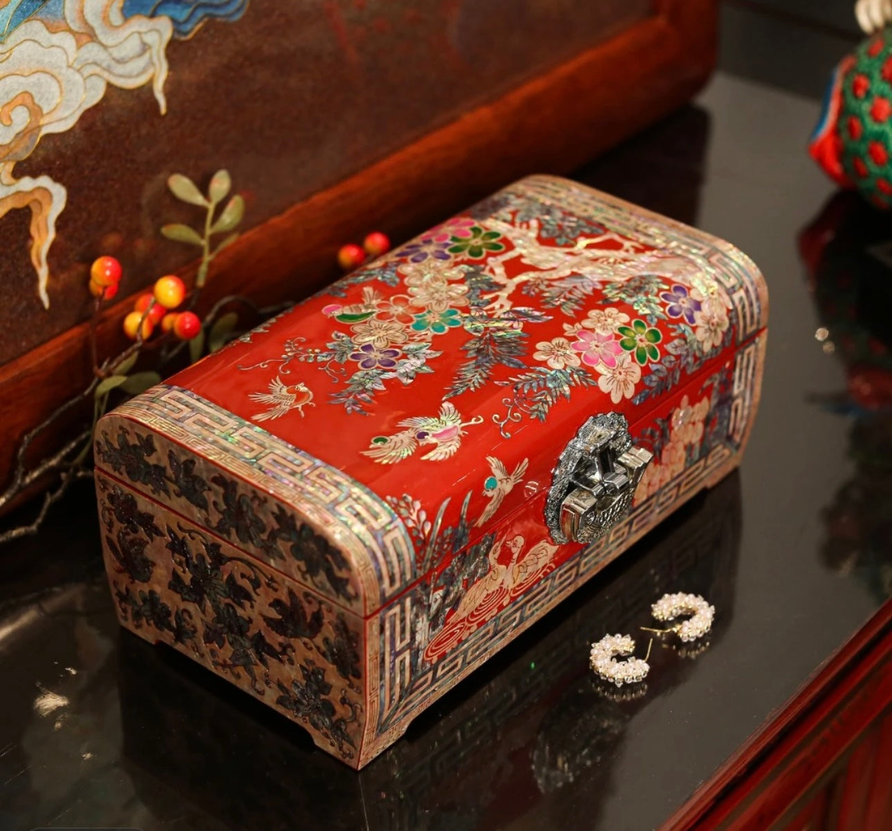 Mother of Pearl Wooden Jewelry Box- Birds and Flowers(24*13*10 cm/9.4*5.1*3.9 inch)