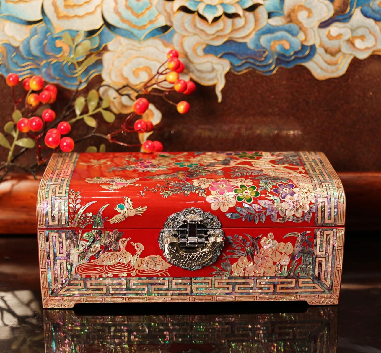 Mother of Pearl Wooden Jewelry Box- Birds and Flowers(24*13*10 cm/9.4*5.1*3.9 inch)