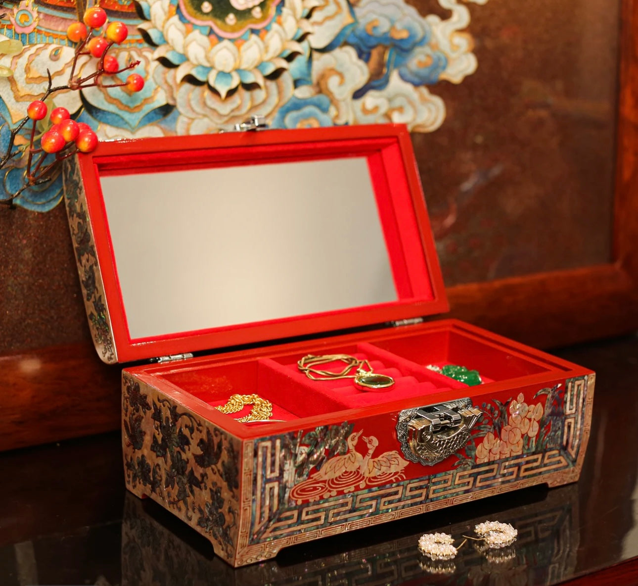 Mother of Pearl Wooden Jewelry Box- Birds and Flowers(24*13*10 cm/9.4*5.1*3.9 inch)