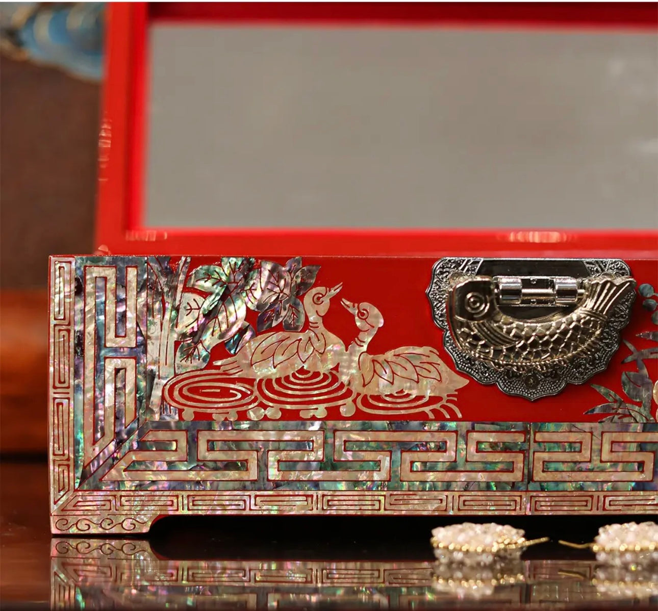 Mother of Pearl Wooden Jewelry Box- Birds and Flowers(24*13*10 cm/9.4*5.1*3.9 inch)