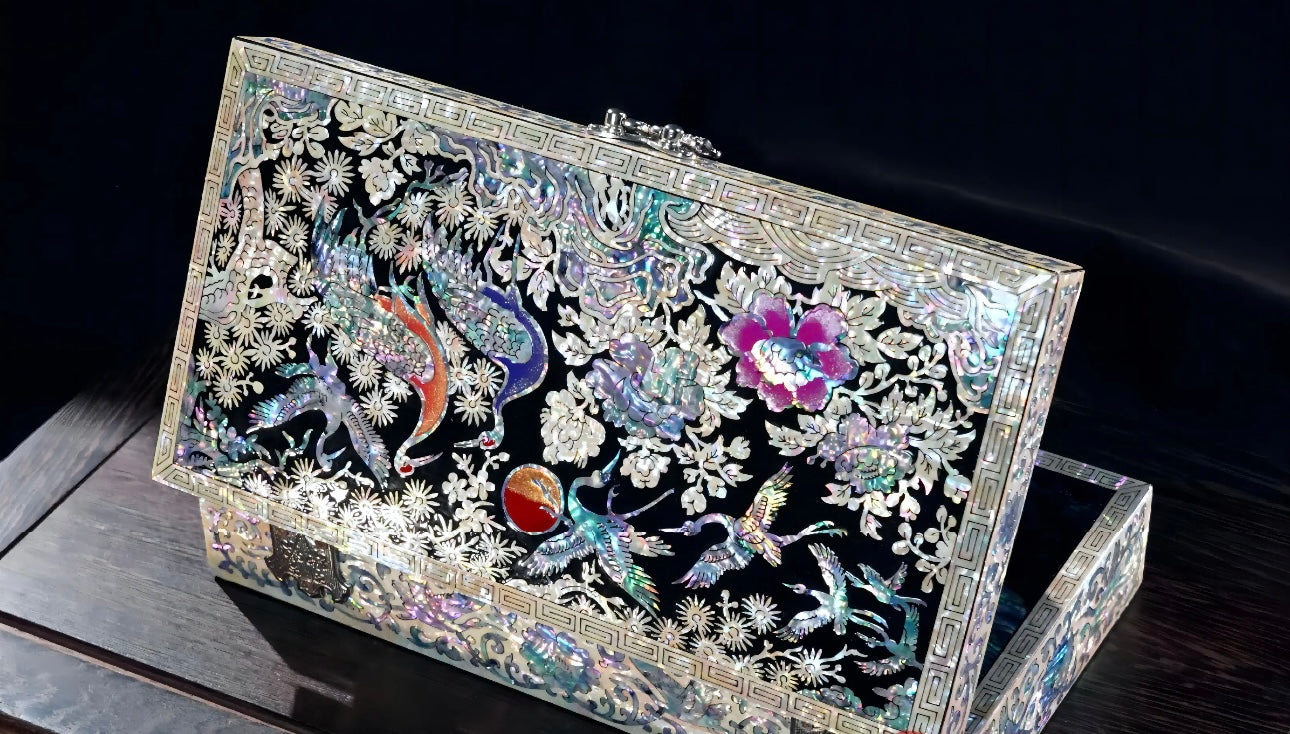 Mother of Pearl Wooden Jewelry Box- Crane and Peony(22.5*11.5*5.5 cm/8.9*4.5*2.2 inch)