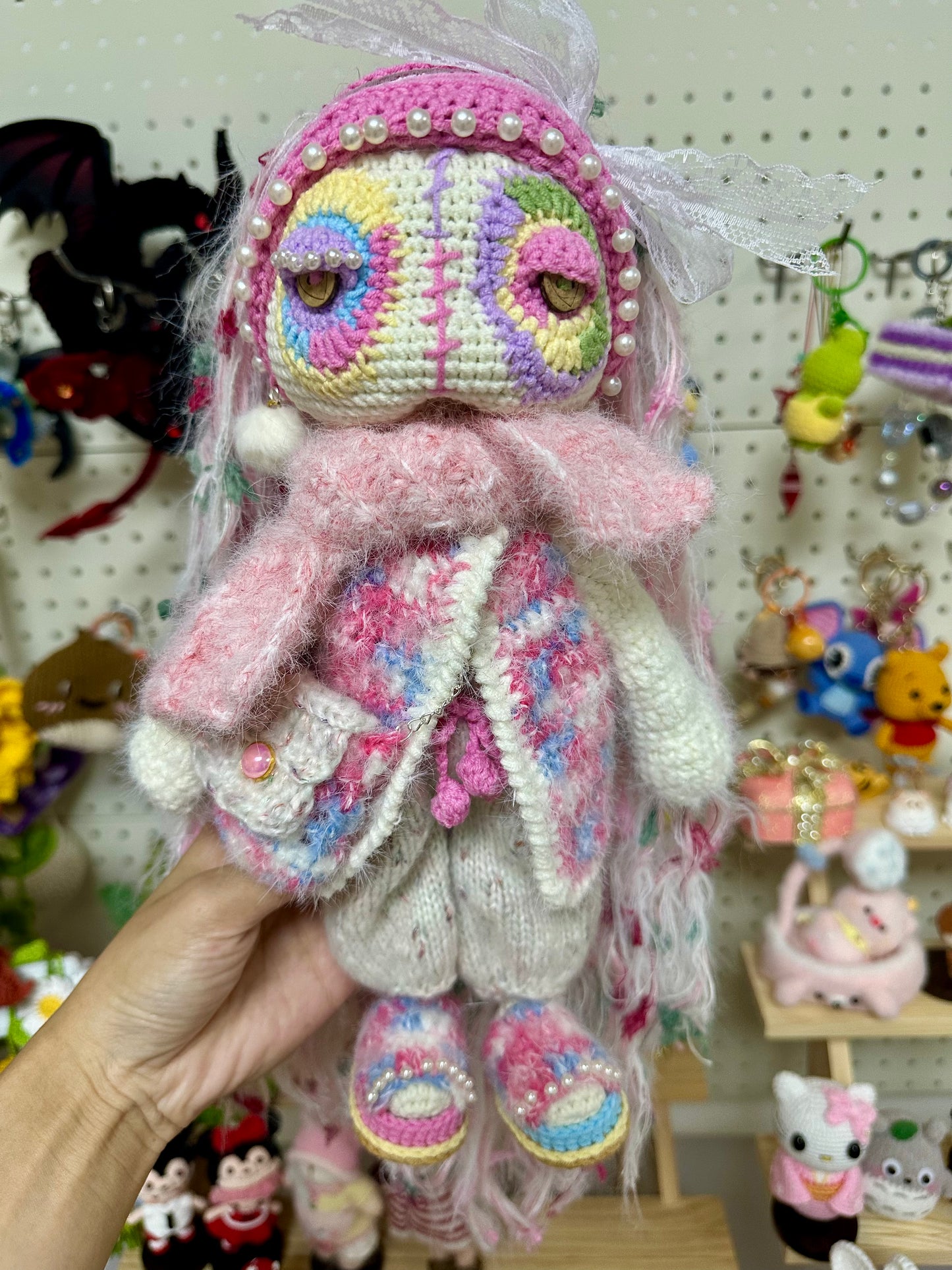 Crochet Cool Girl with Pink Outfit/Jacket+Scarf+Pants+Bag+Hair Band+Shoes(30 cm/11.8 inch)