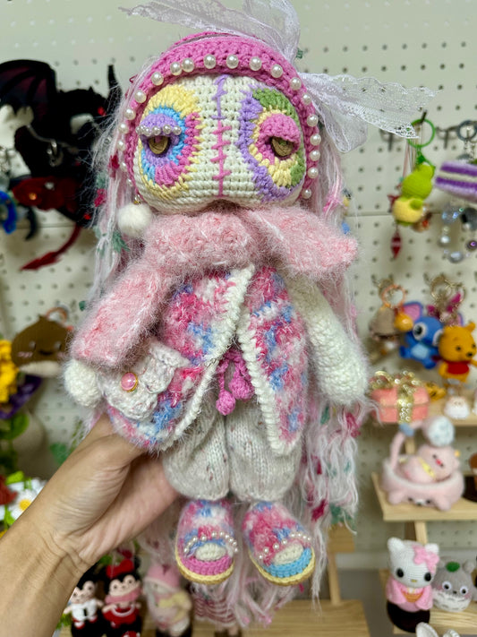 Crochet Cool Girl with Pink Outfit/Jacket+Scarf+Pants+Bag+Hair Band+Shoes(30 cm/11.8 inch)