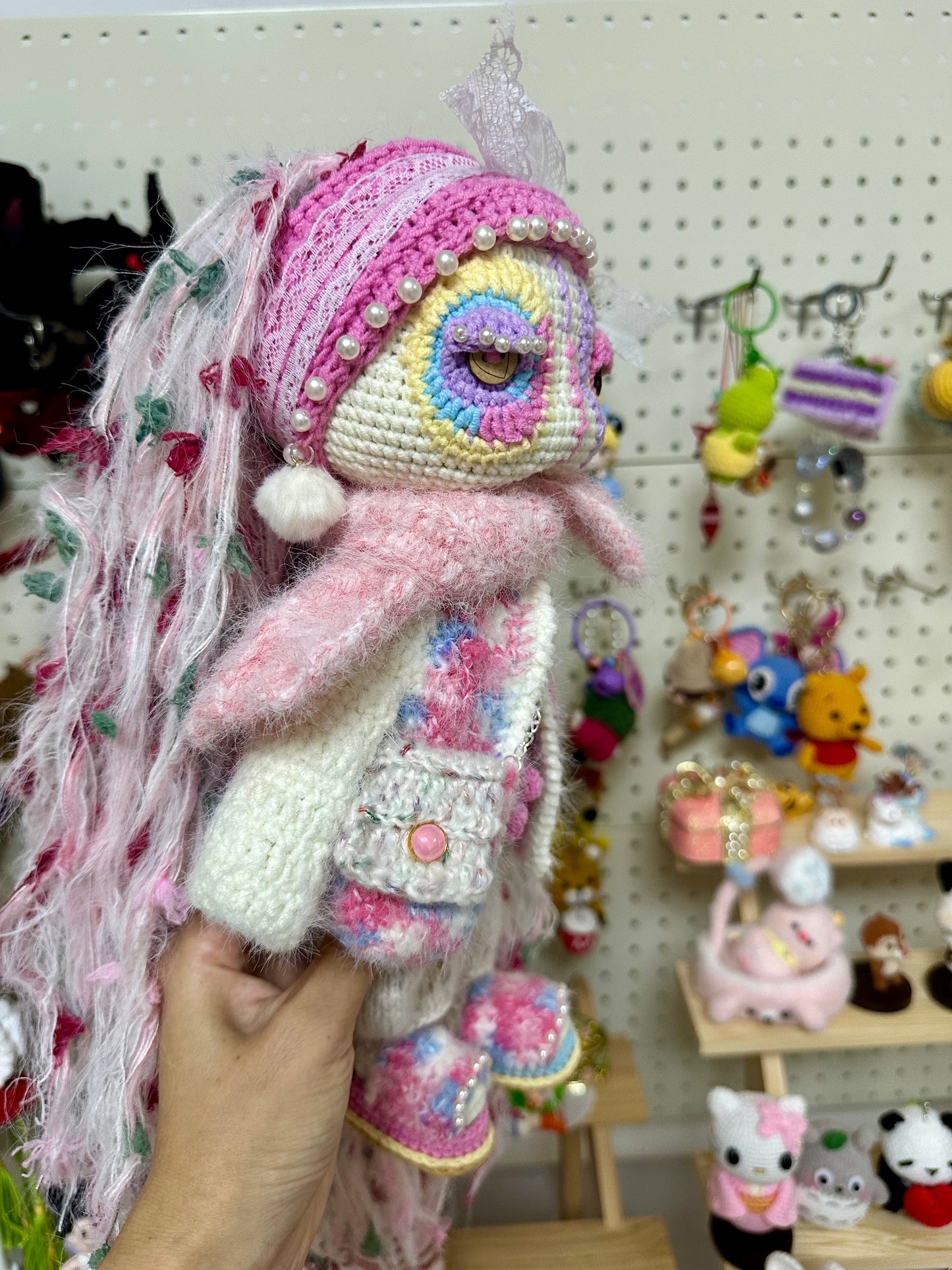 Crochet Cool Girl with Pink Outfit/Jacket+Scarf+Pants+Bag+Hair Band+Shoes(30 cm/11.8 inch)