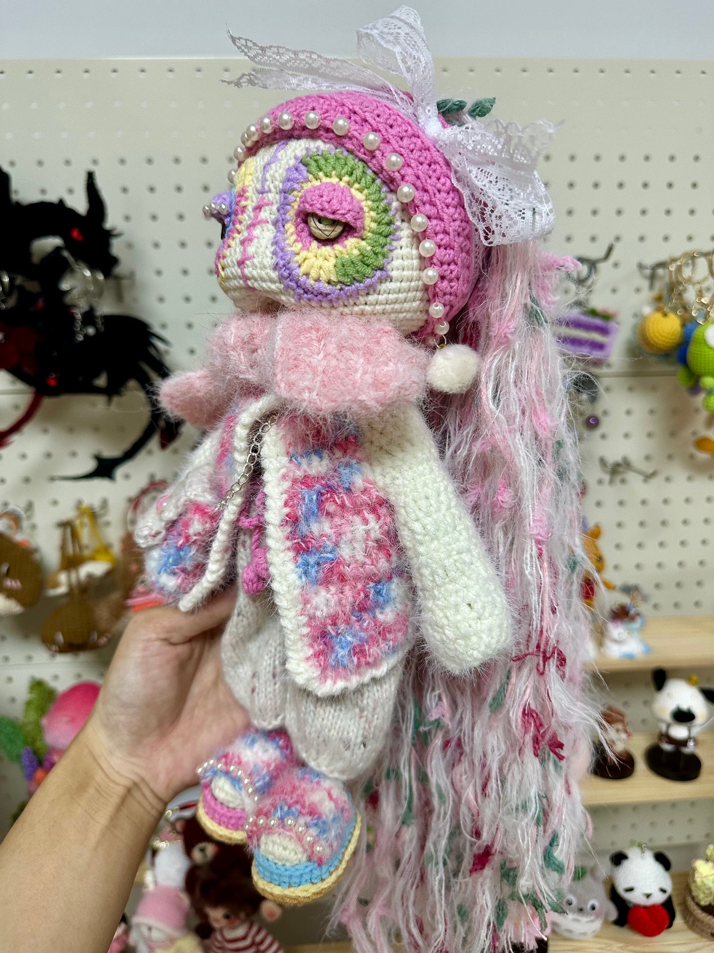 Crochet Cool Girl with Pink Outfit/Jacket+Scarf+Pants+Bag+Hair Band+Shoes(30 cm/11.8 inch)