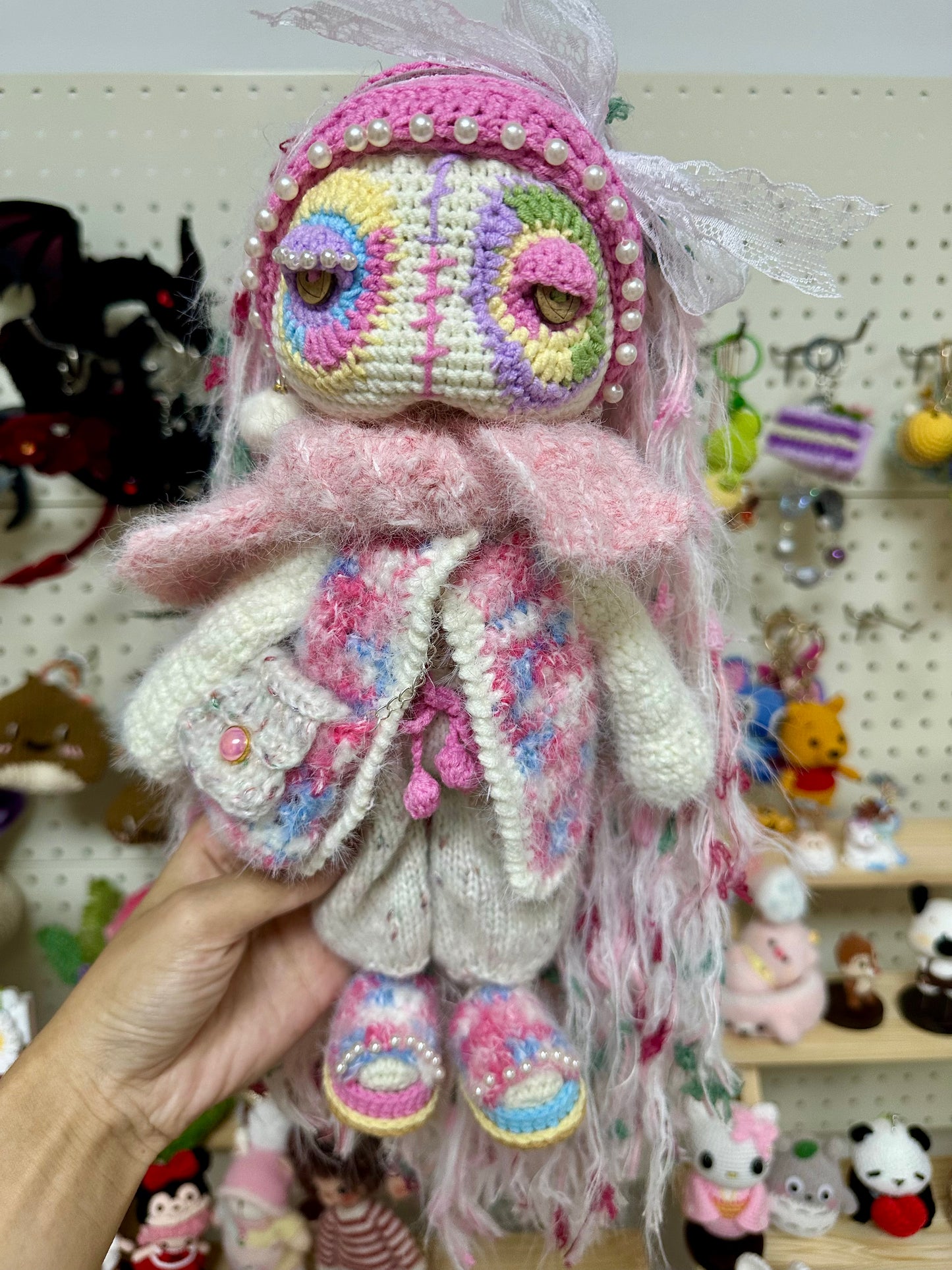 Crochet Cool Girl with Pink Outfit/Jacket+Scarf+Pants+Bag+Hair Band+Shoes(30 cm/11.8 inch)