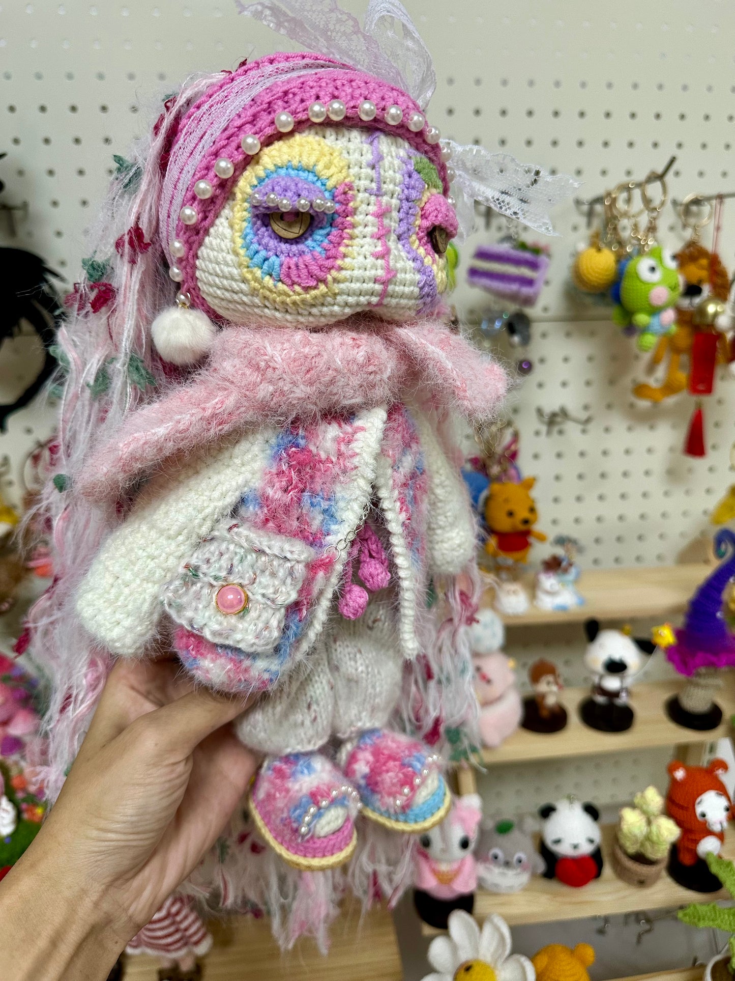 Crochet Cool Girl with Pink Outfit/Jacket+Scarf+Pants+Bag+Hair Band+Shoes(30 cm/11.8 inch)