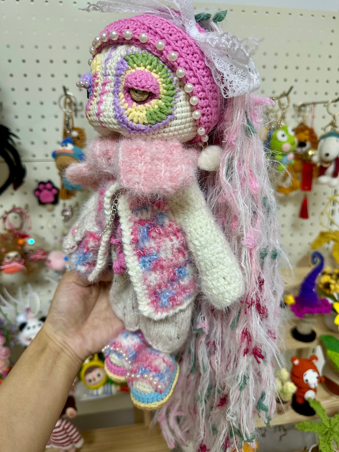 Crochet Cool Girl with Pink Outfit/Jacket+Scarf+Pants+Bag+Hair Band+Shoes(30 cm/11.8 inch)