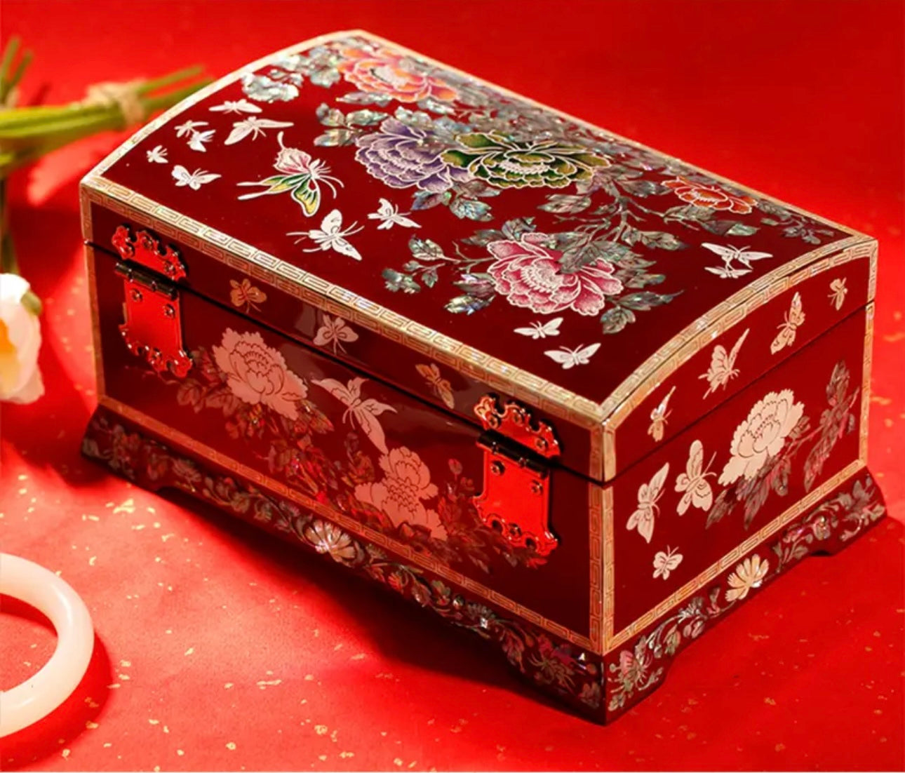 Mother of Pearl Wooden Jewelry Box- Butterfly and Peony(21*13.5*11 cm/8.3*5.3*4.3 inch)