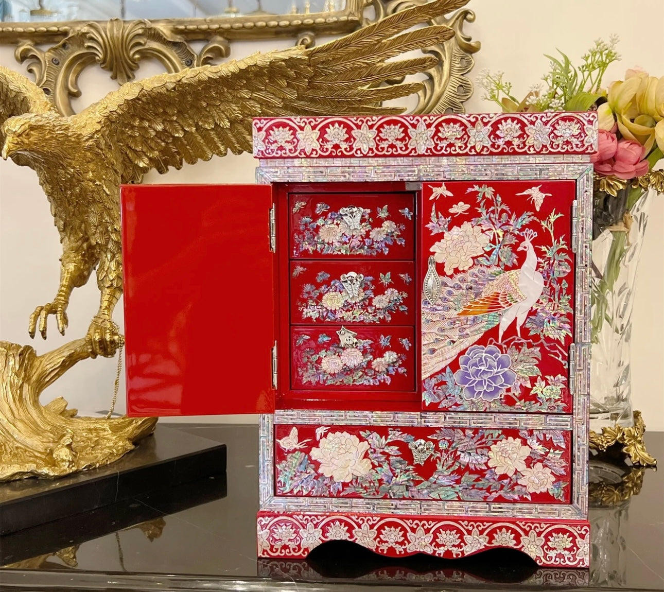 Mother of Pearl Wooden Jewelry Box- Peacock(27.7*17.2*37 cm/10.9*6.8*14.6 inch)