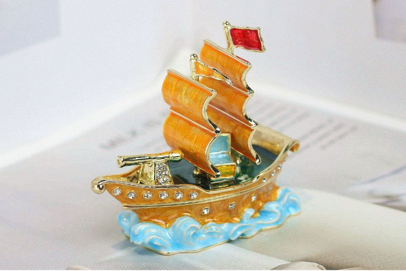 Hand Enameled Jewelry Box- Pirate Boat(7*7.5 cm/2.8*3 inch)