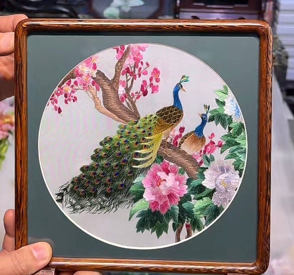 Double-sided Embroidery Ornament- Peacock and Flower