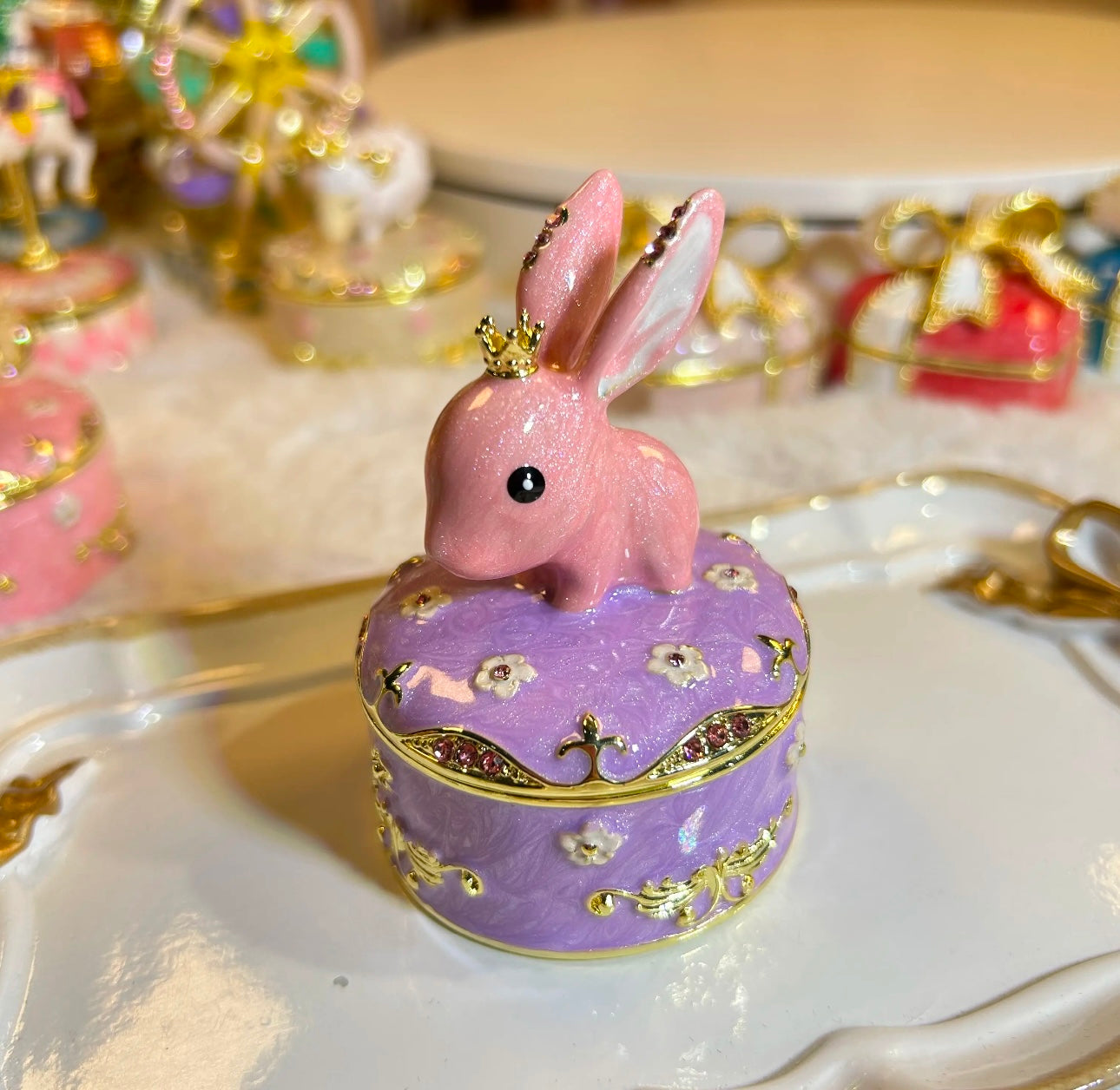 Hand Enameled Jewelry Box- Little Animals with Golden Crown(5.5*5.5*7 cm/2.2*2.2*2.8 inch)