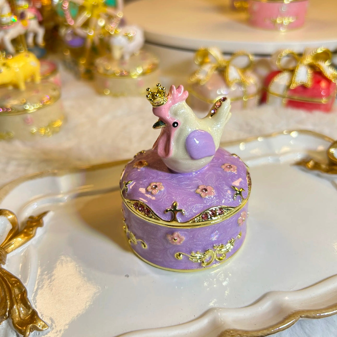 Hand Enameled Jewelry Box- Little Animals with Golden Crown(5.5*5.5*7 cm/2.2*2.2*2.8 inch)