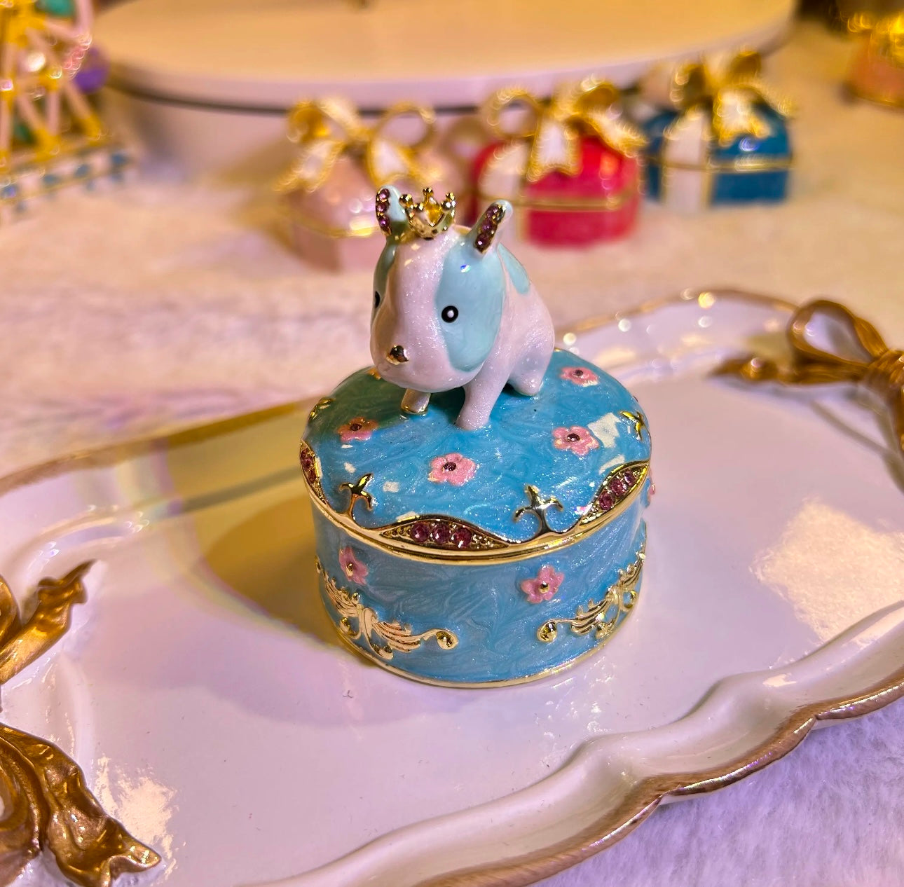 Hand Enameled Jewelry Box- Little Animals with Golden Crown(5.5*5.5*7 cm/2.2*2.2*2.8 inch)