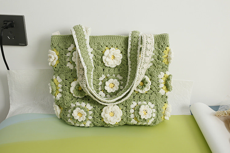 Green & White Flower Shoulder Bag