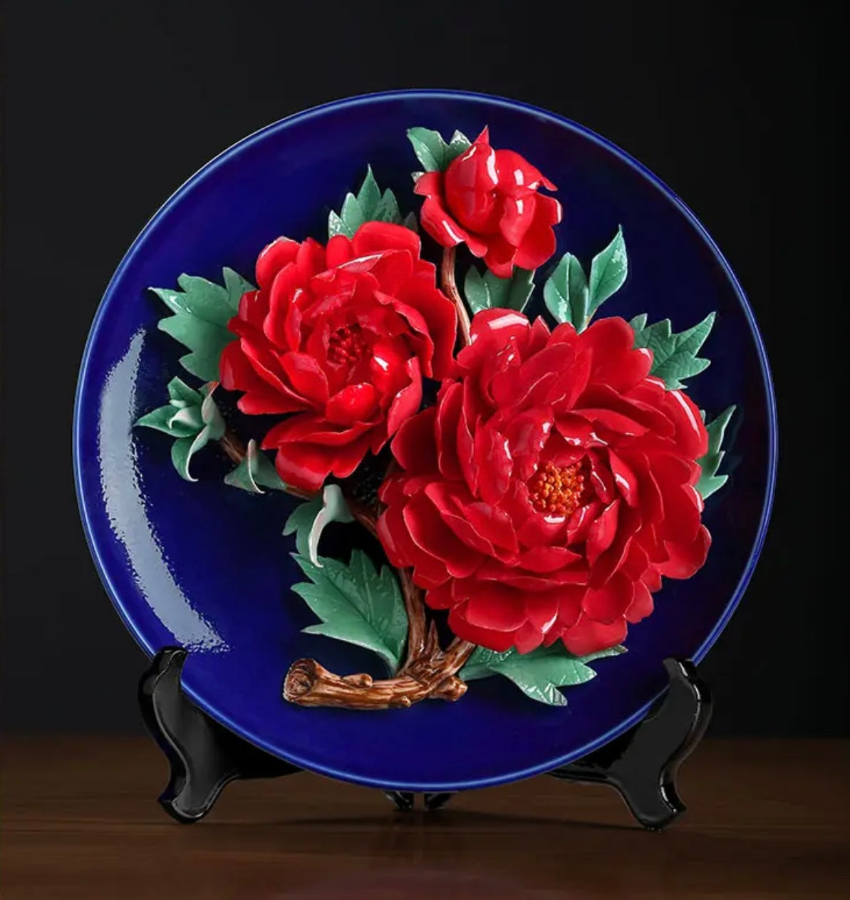 Ceramic Flower Plate Ornament- Red Camelia(25*28*9.5 cm/9.8*11*3.7 inch)