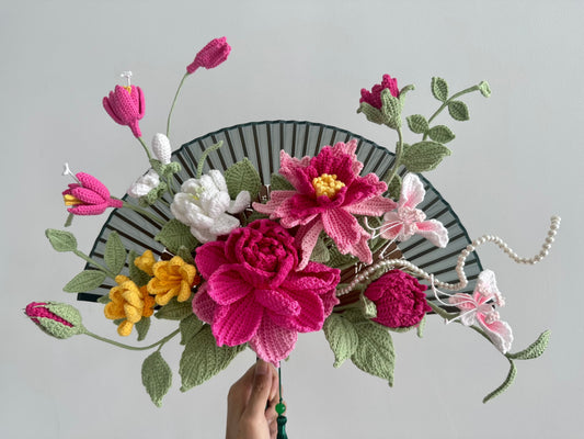 Crochet Flower with Fan and Wood Base