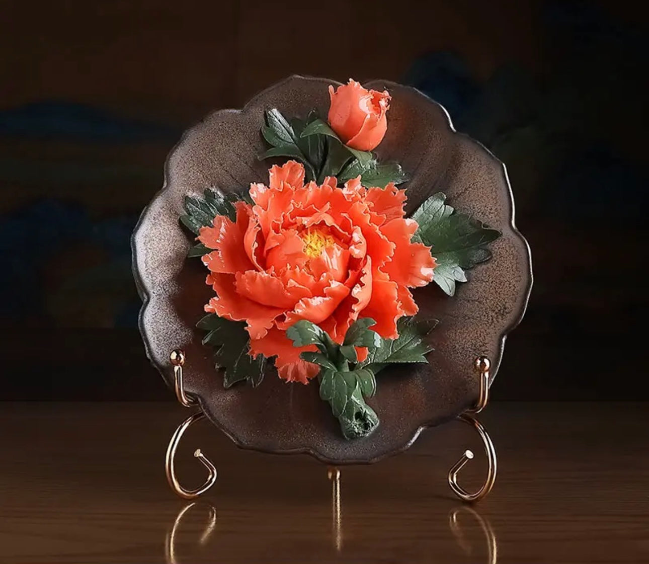 Ceramic Flower Plate Ornament- Red Peony(17.3*10 cm/6.8*3.9 inch)