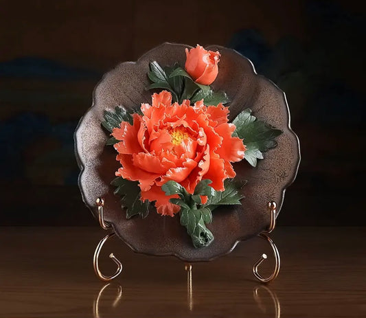 Ceramic Flower Plate Ornament- Red Peony(17.3*10 cm/6.8*3.9 inch)