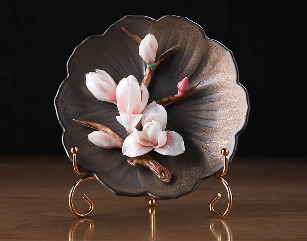 Ceramic Flower Plate Ornament- Pink Magnolia(17.3*10 cm/6.8*3.9 inch)