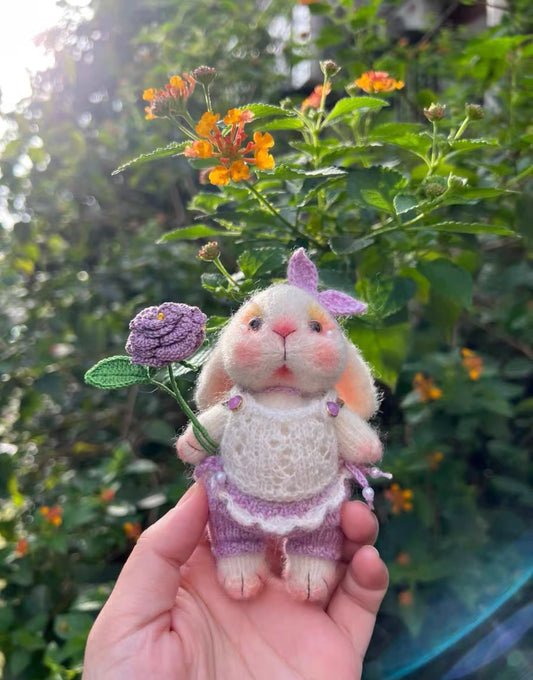 Knitted Bunny with Purple Cloth and Purple Flower
