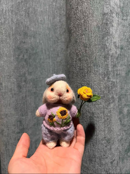 Knitted Bunny with Beret Hat and Yellow Flower/Embroidered Sunflower