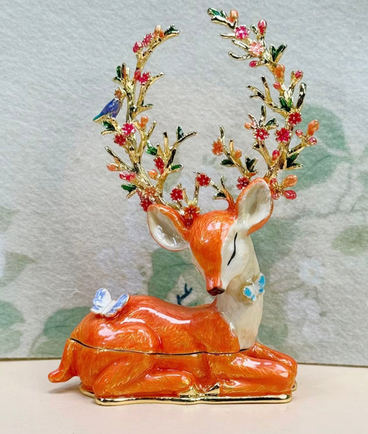 Hand Enameled Jewelry Box- Deer with Flowers(8*3.5*12 cm/3.1*1.4*4.7 inch)