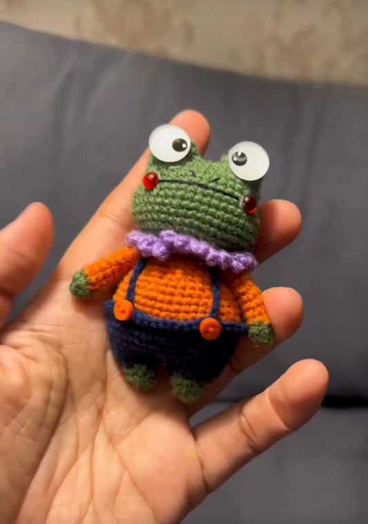 Crochet Frog with Suspender Trousers/Wool for body, Cotton for Scarf