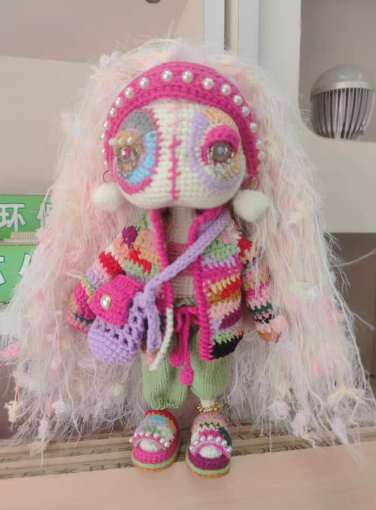 Crochet Cool Girl with Wearable Coat+Hair Band+Scarf+Pants+Bag+Shoes/Cotton,Mohair(30 cm/11.8 inch)