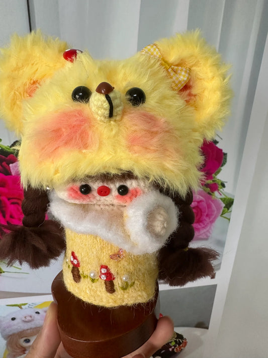 Crochet Magnetic Doll/Girl with Yellow Bear Hat/ Knitted Cloth/Random Embroidery Pattern/Random Hair Color(15 cm/6 inch)