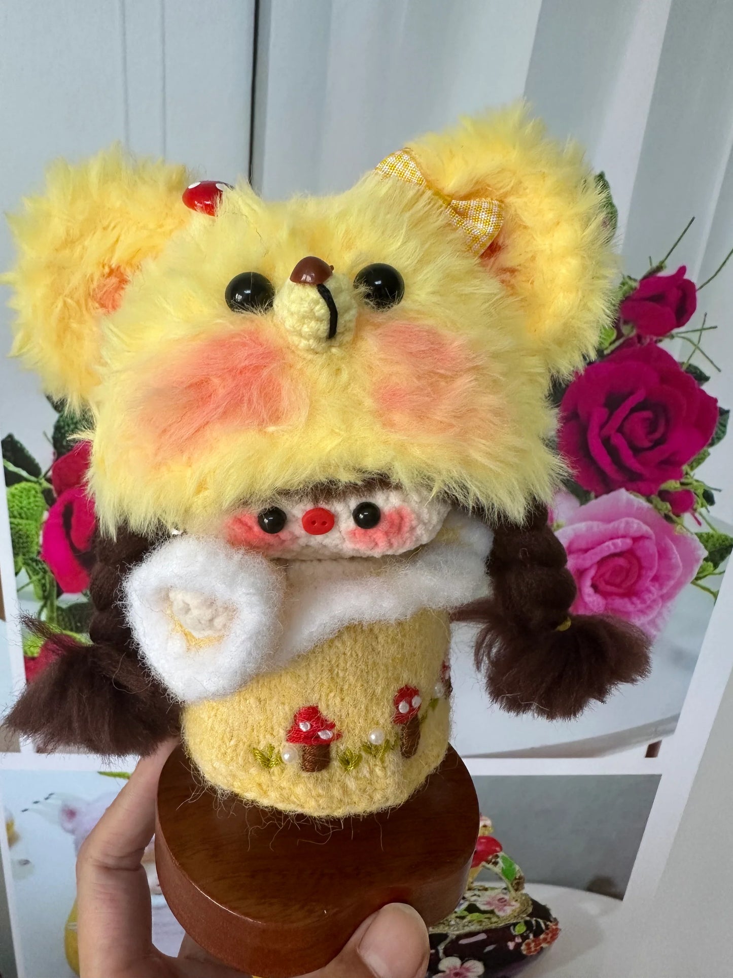 Crochet Magnetic Doll/Girl with Yellow Bear Hat/ Knitted Cloth/Random Embroidery Pattern/Random Hair Color(15 cm/6 inch)