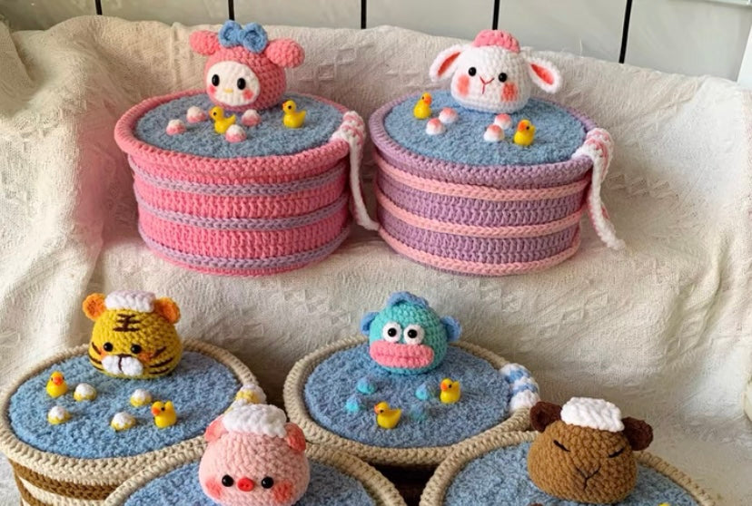 Crochet Animals with Bathtub/Storage Box/Tiger/Pig/Frog/Fishman/Capybara/Panda/Hello Kitty/Kuromi/Melody